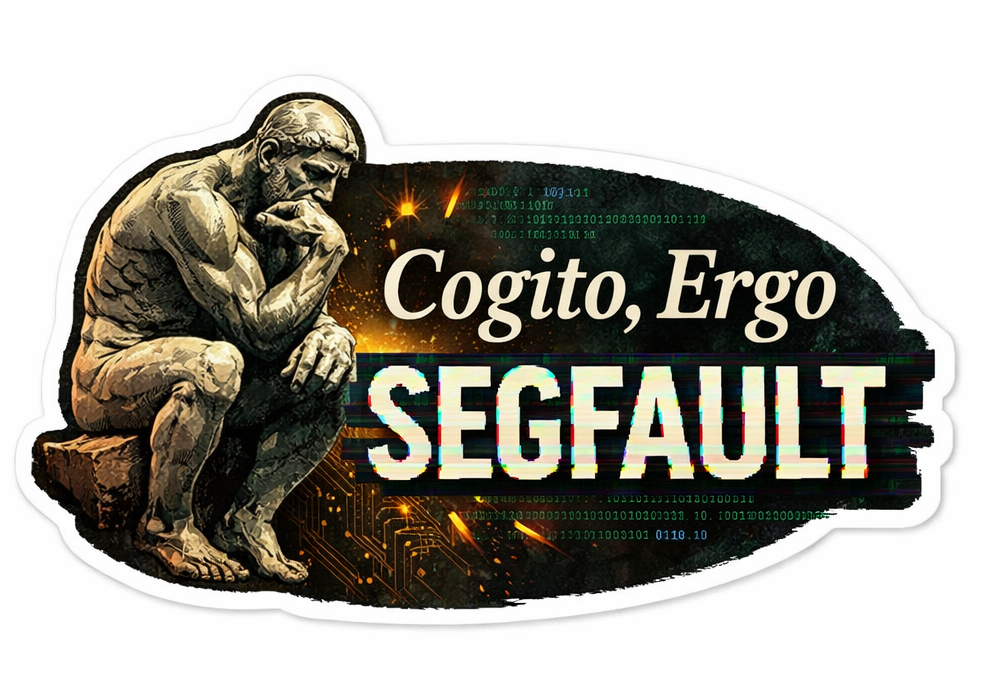 Cogito Ergo Segfault sticker combining a classical thinker with computer imagery