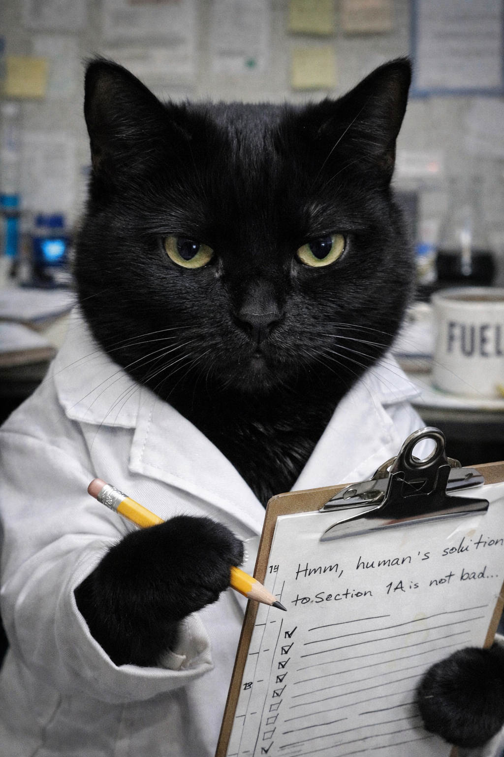 Black cat in a laboratory coat holding a clipboard