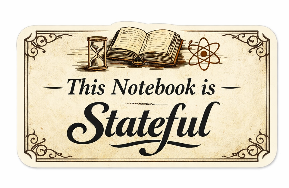Vintage-style label reading This Notebook is Stateful