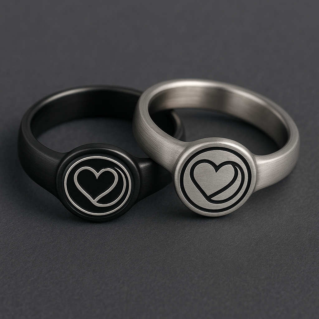 Black and silver rings with matching heart-line seals