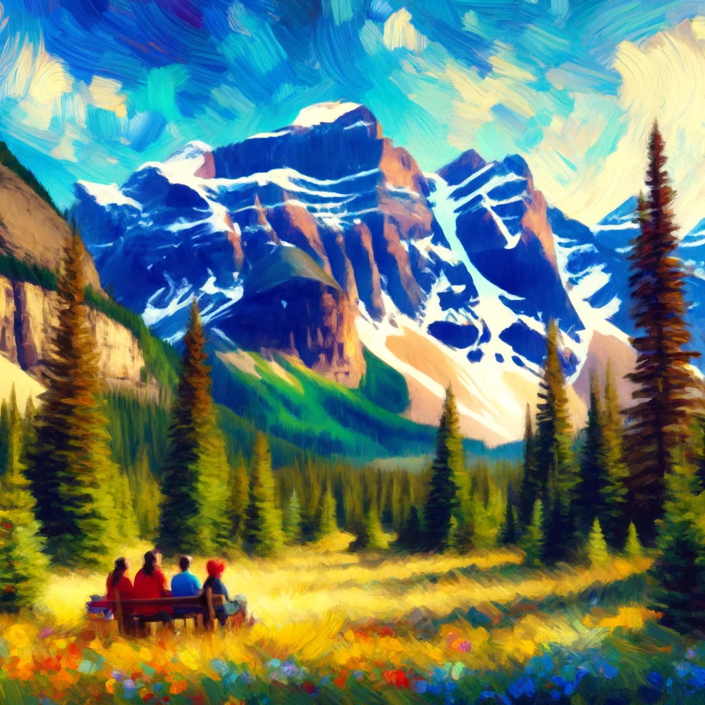 Colourful alpine valley beneath snow-covered mountains