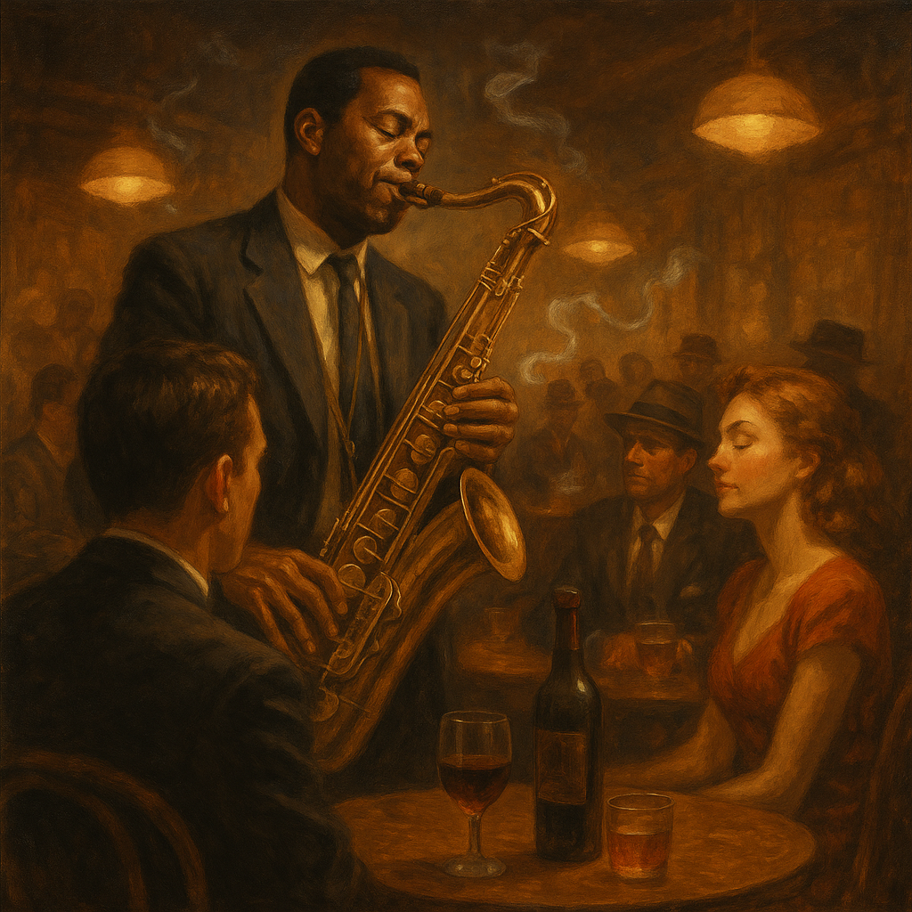 Saxophonist performing in a warmly lit jazz club