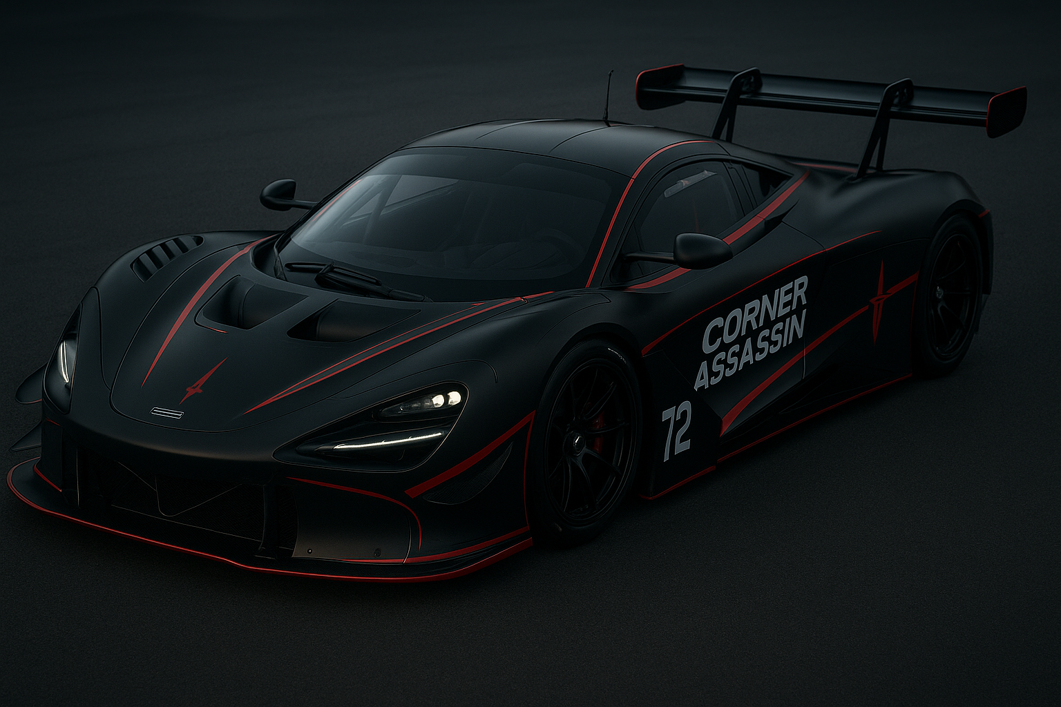 Black race car with red detailing in a dark studio