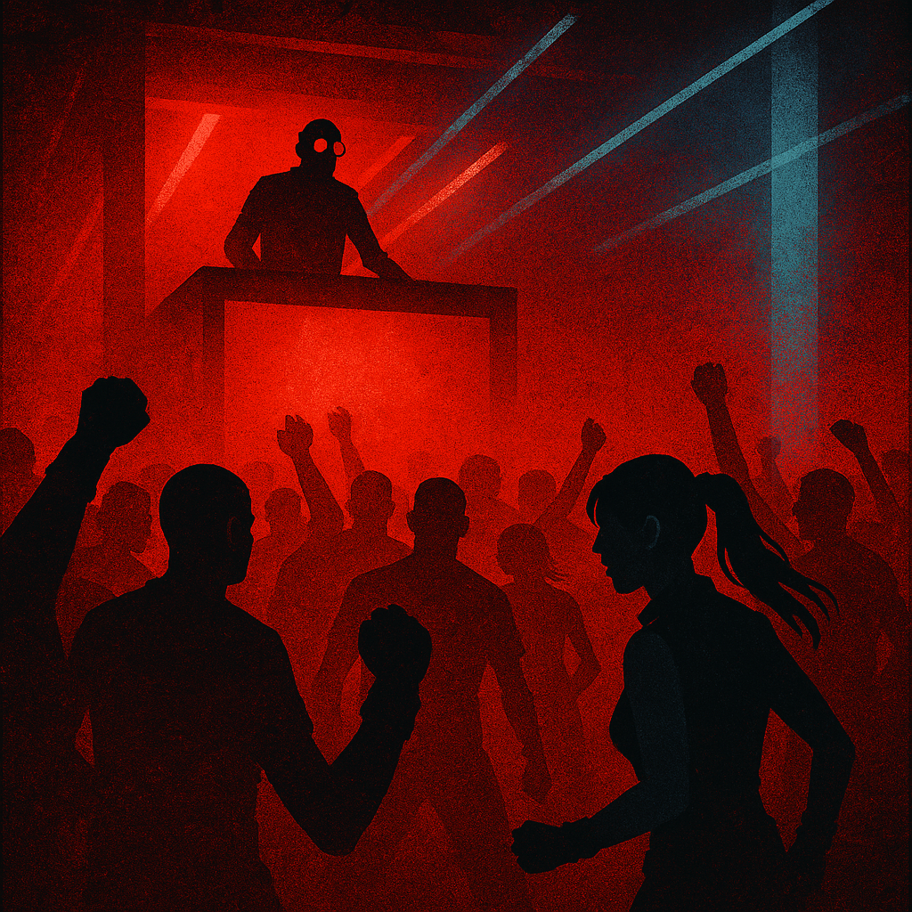 DJ performing above a dancing crowd in red and blue light