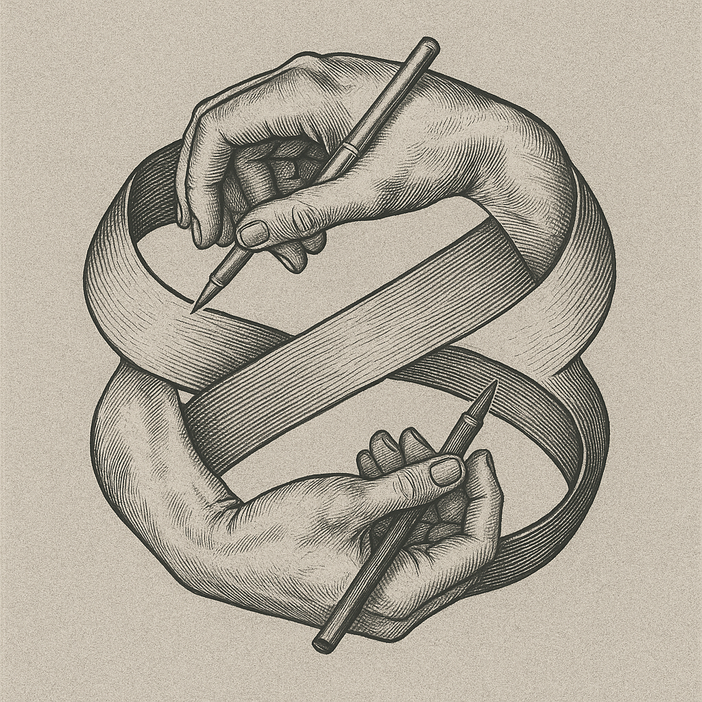 Two pencil-drawing hands connected by an infinity-shaped strip