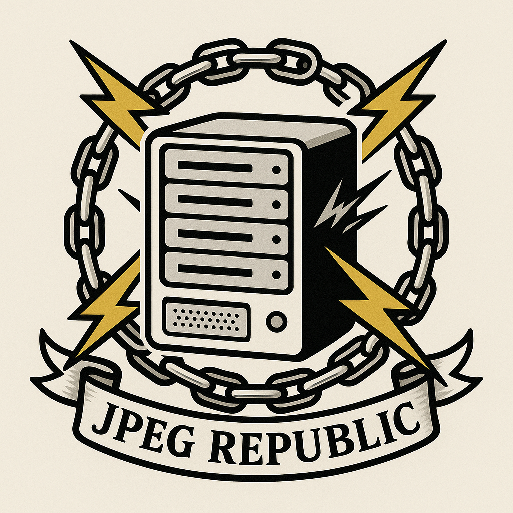 JPEG Republic emblem with a chained server and lightning bolts