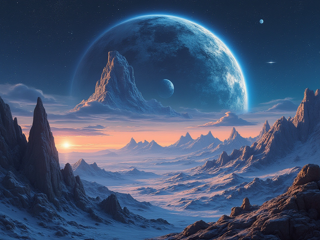 Alien ice landscape beneath a large blue planet