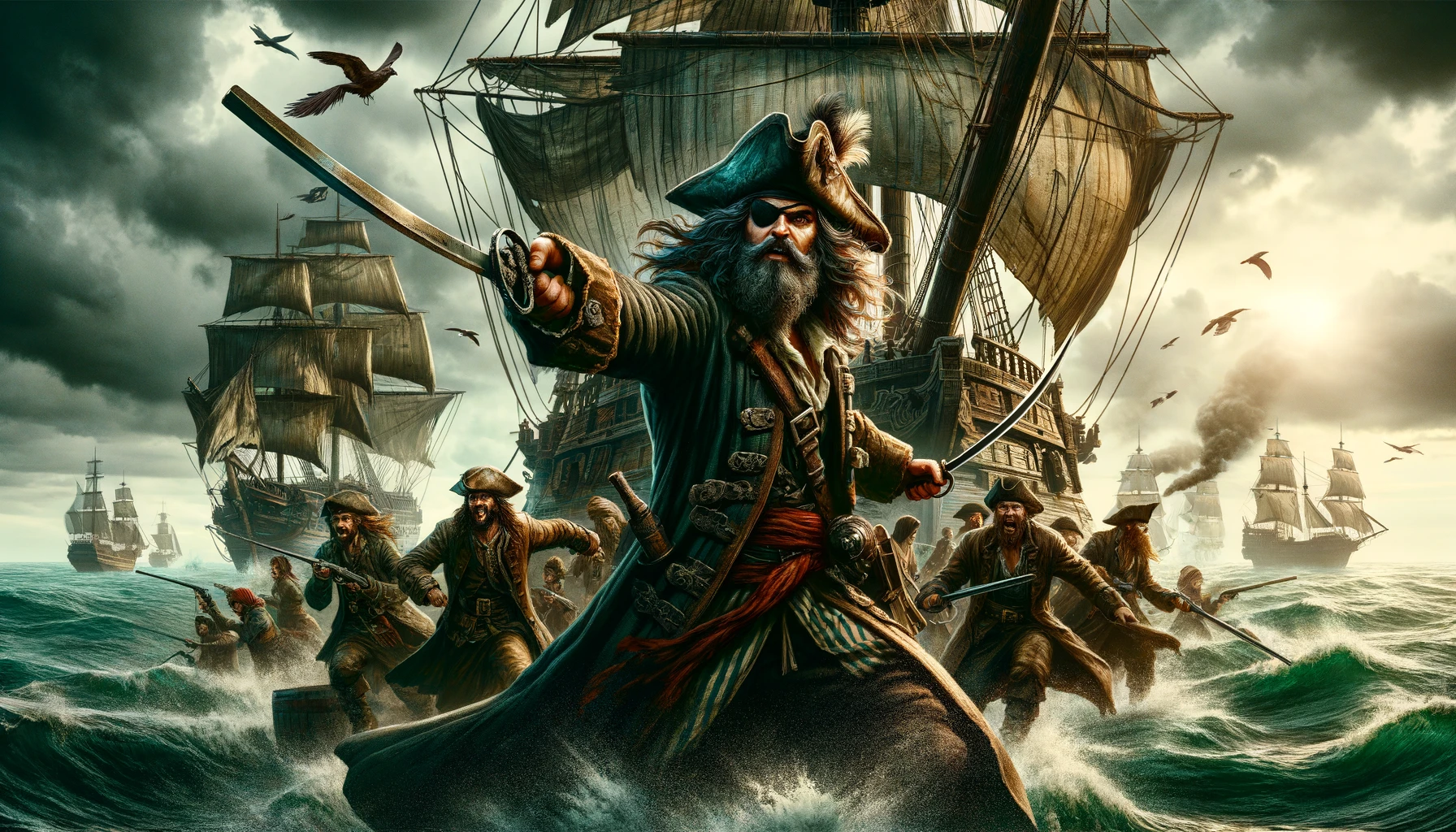Pirate captain commanding a ship in stormy seas
