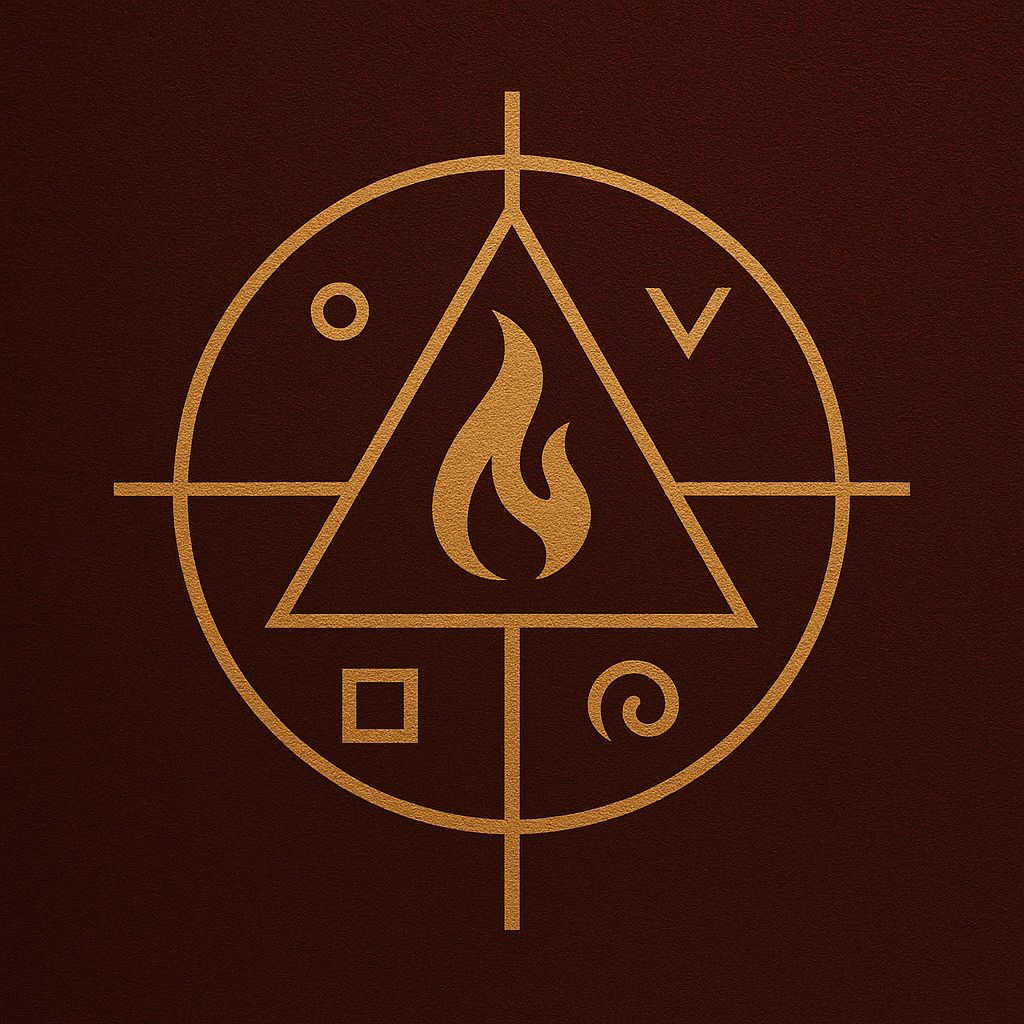 Copper geometric sigil with a central flame