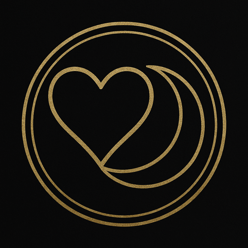 Gold heart and crescent moon sigil on black