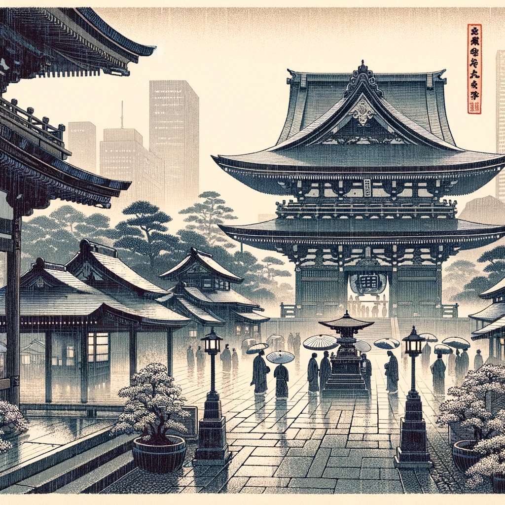 Traditional temple gate framed by a modern city