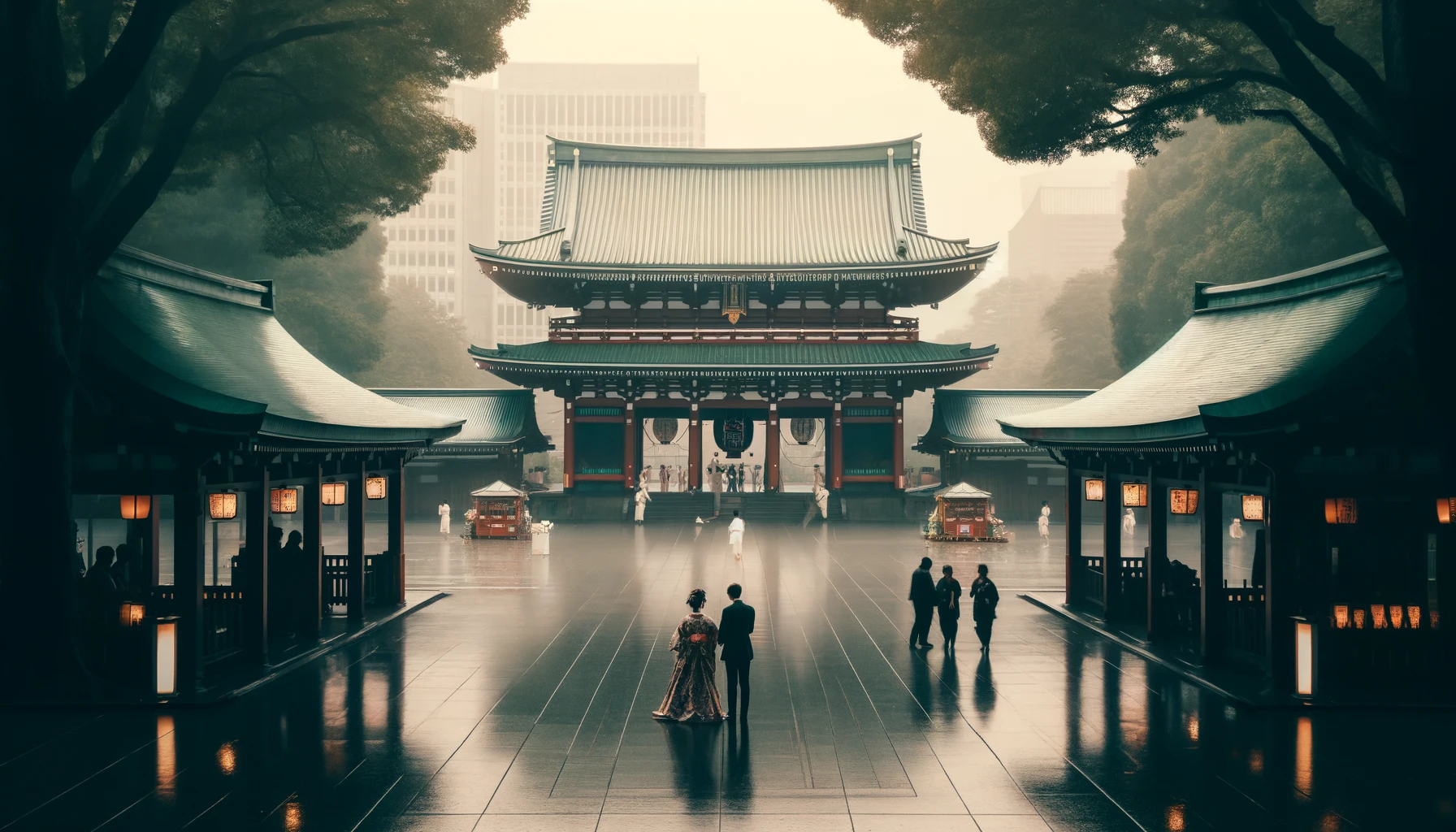 People crossing a rain-darkened temple courtyard