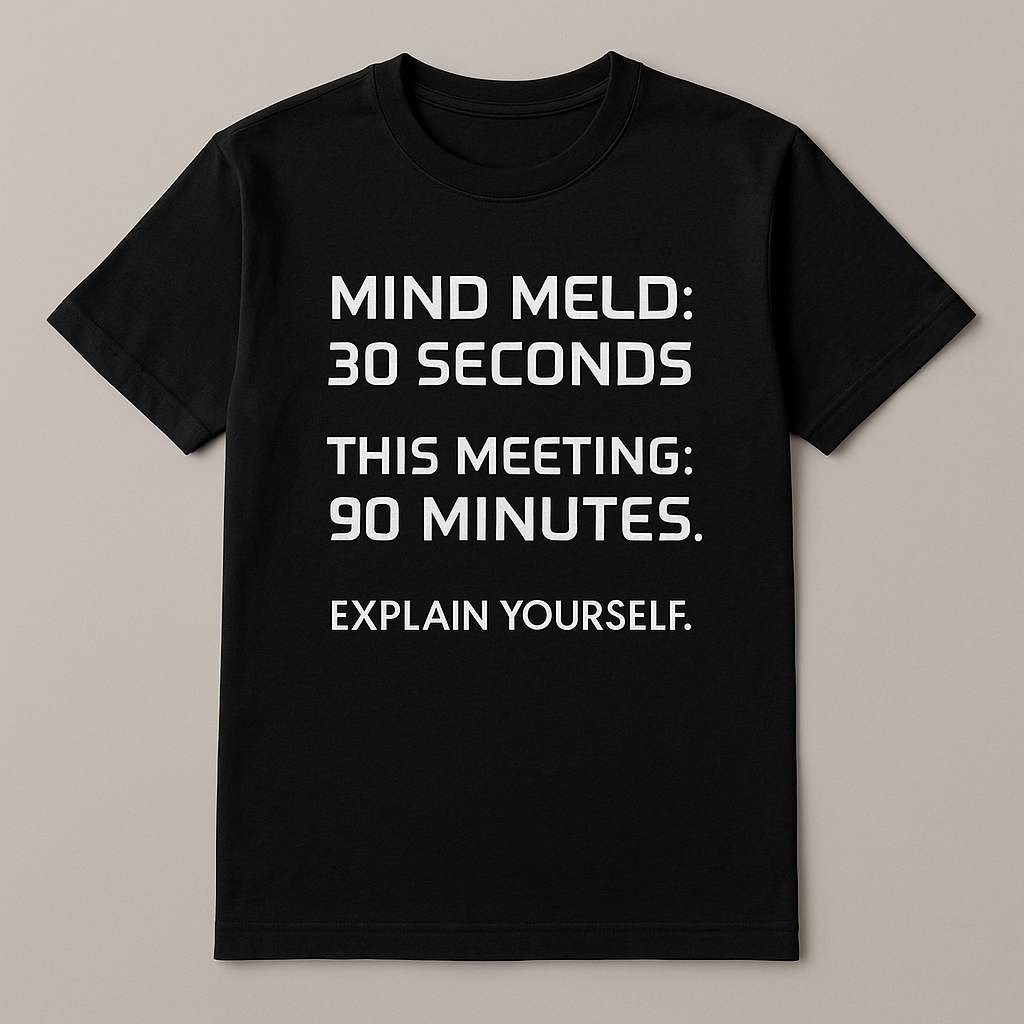 Black T-shirt reading Mind Meld: 30 seconds; This meeting: 90 minutes; Explain yourself