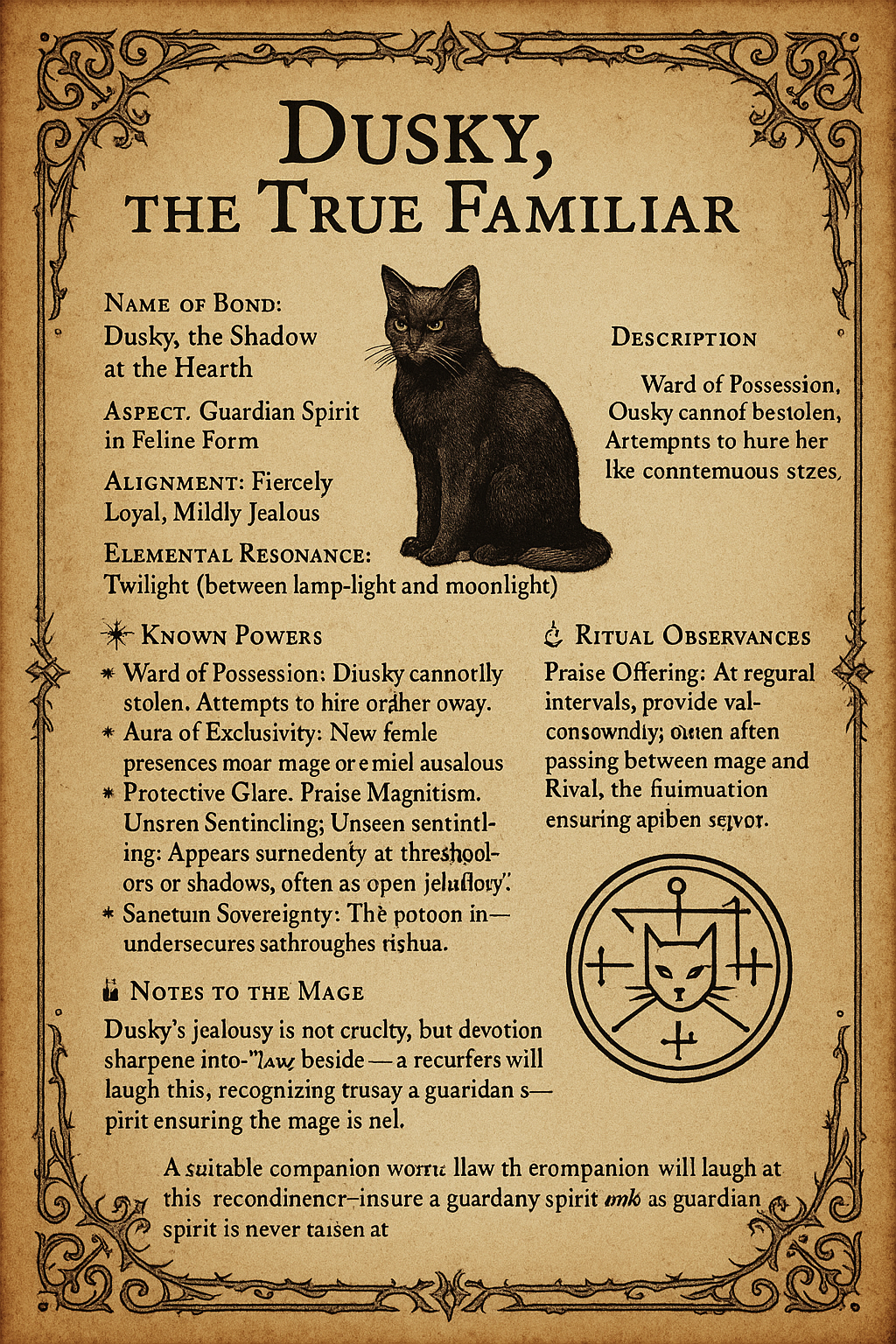Aged grimoire page describing Dusky the True Familiar