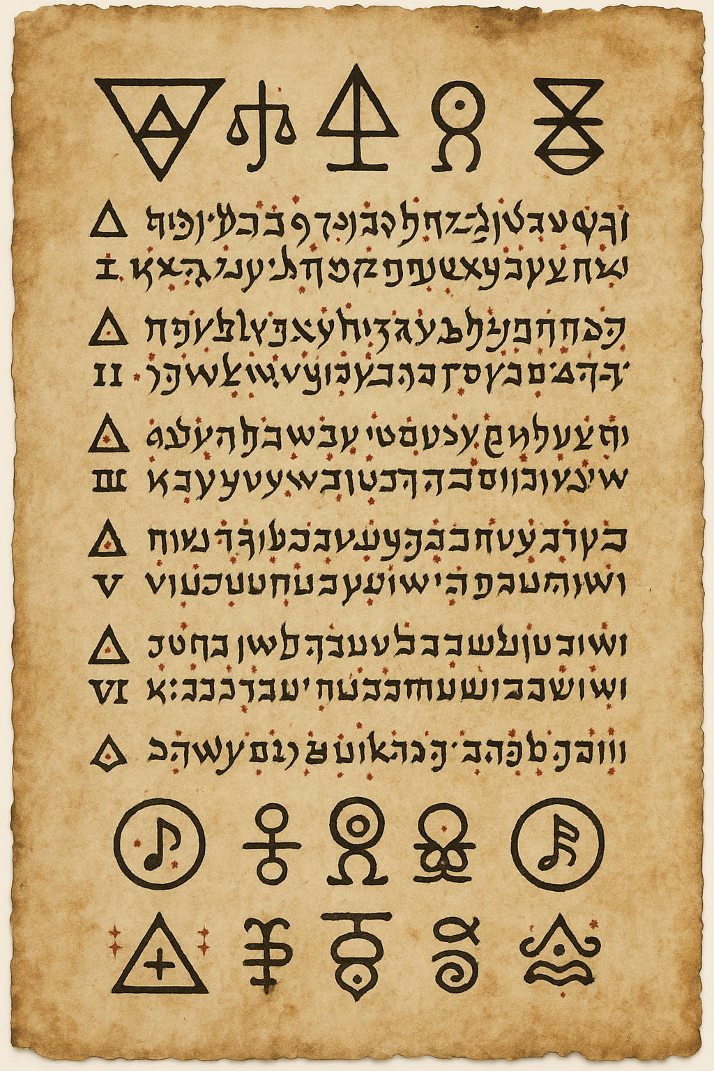 Aged manuscript page of invented symbols and diagrams