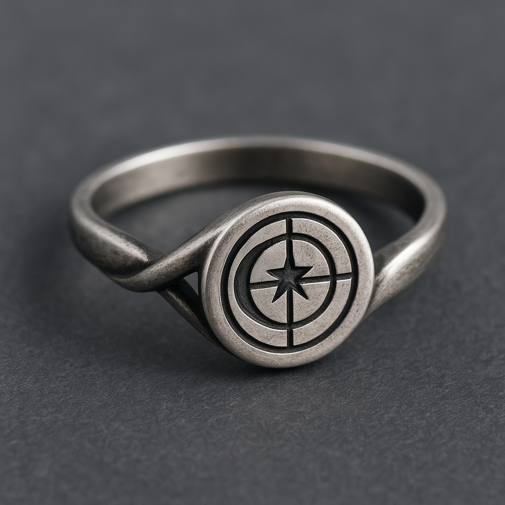 Weathered silver signet ring with a star and circular line emblem